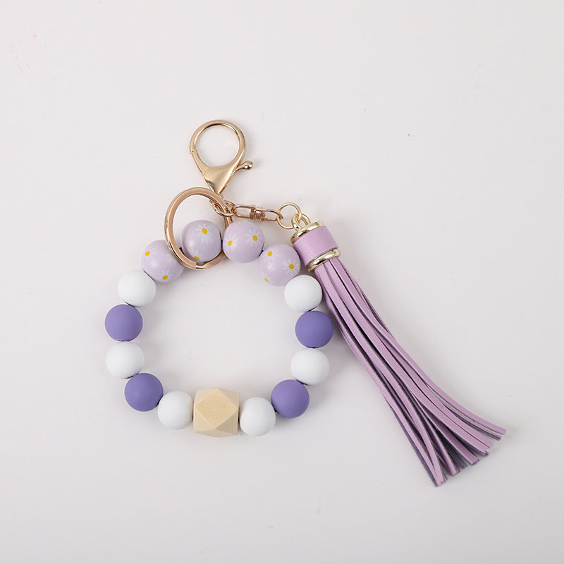 Wholesale Tassel Silicone Wooden Bead Bracelet Keychain